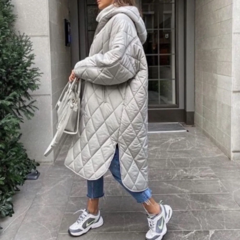 Zara long quilted puffer coat with hood stone grey - Picture 15 of 16